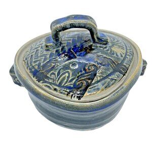 Blue Heart Shaped Trinket Box Signed  Studio Pottery OOAK